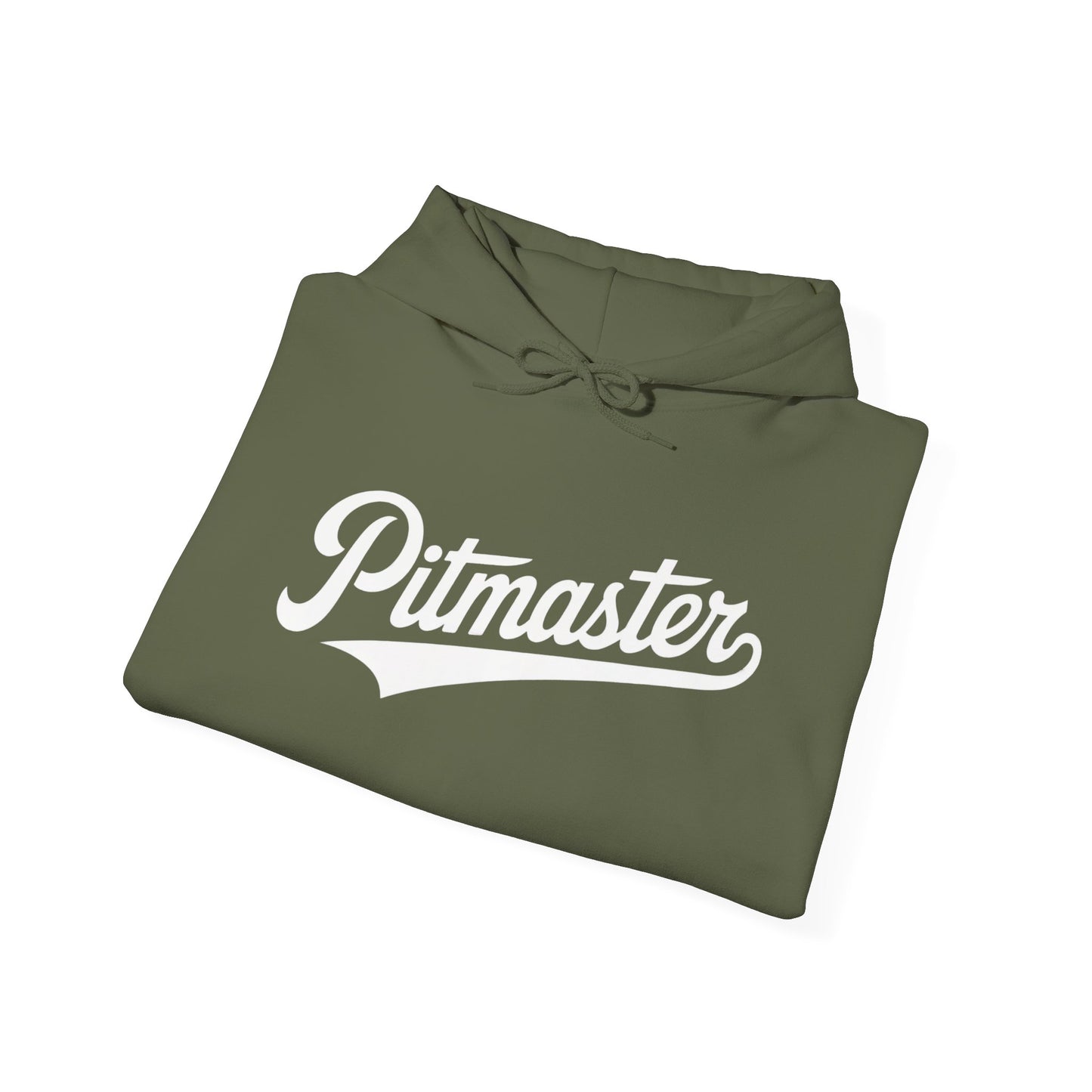 Folded olive green hoodie with 'Pitmaster' text on a white background