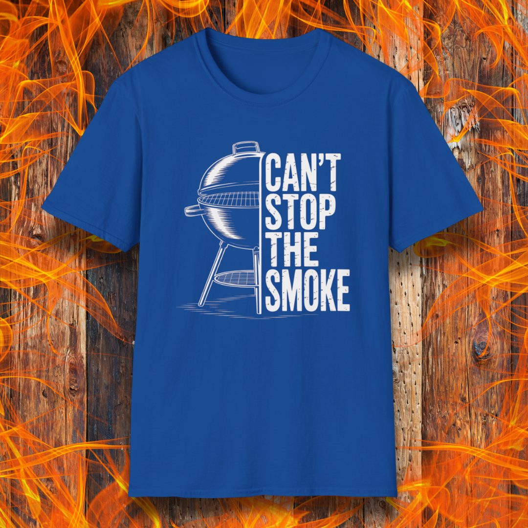 Blue t-shirt with barbecue graphic and 'Can't Stop the Smoke' text on a fiery background