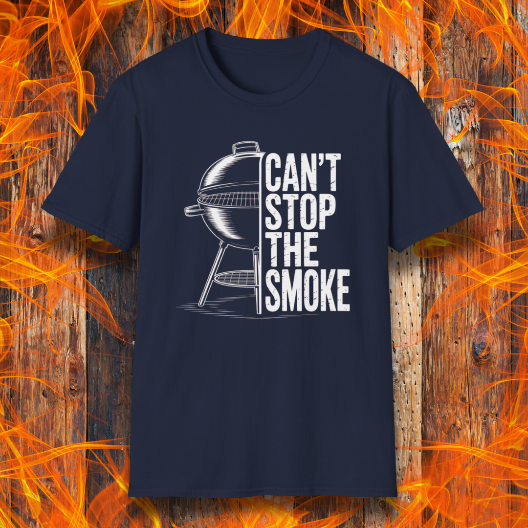 Navy blue t-shirt with barbecue graphic and 'Can't Stop the Smoke' text on a fiery background