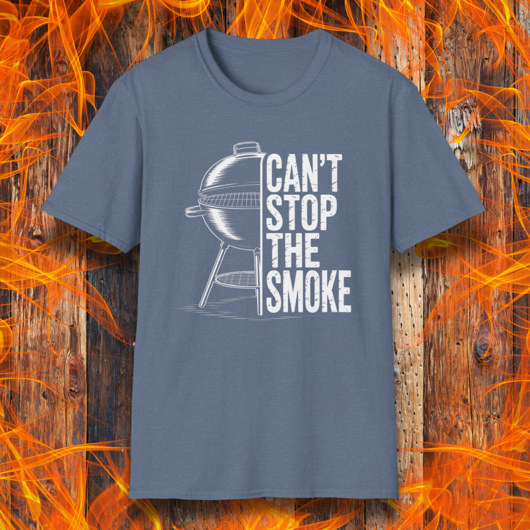 Heather Indigo t-shirt with barbecue graphic and 'Can't Stop the Smoke' text on a fiery background