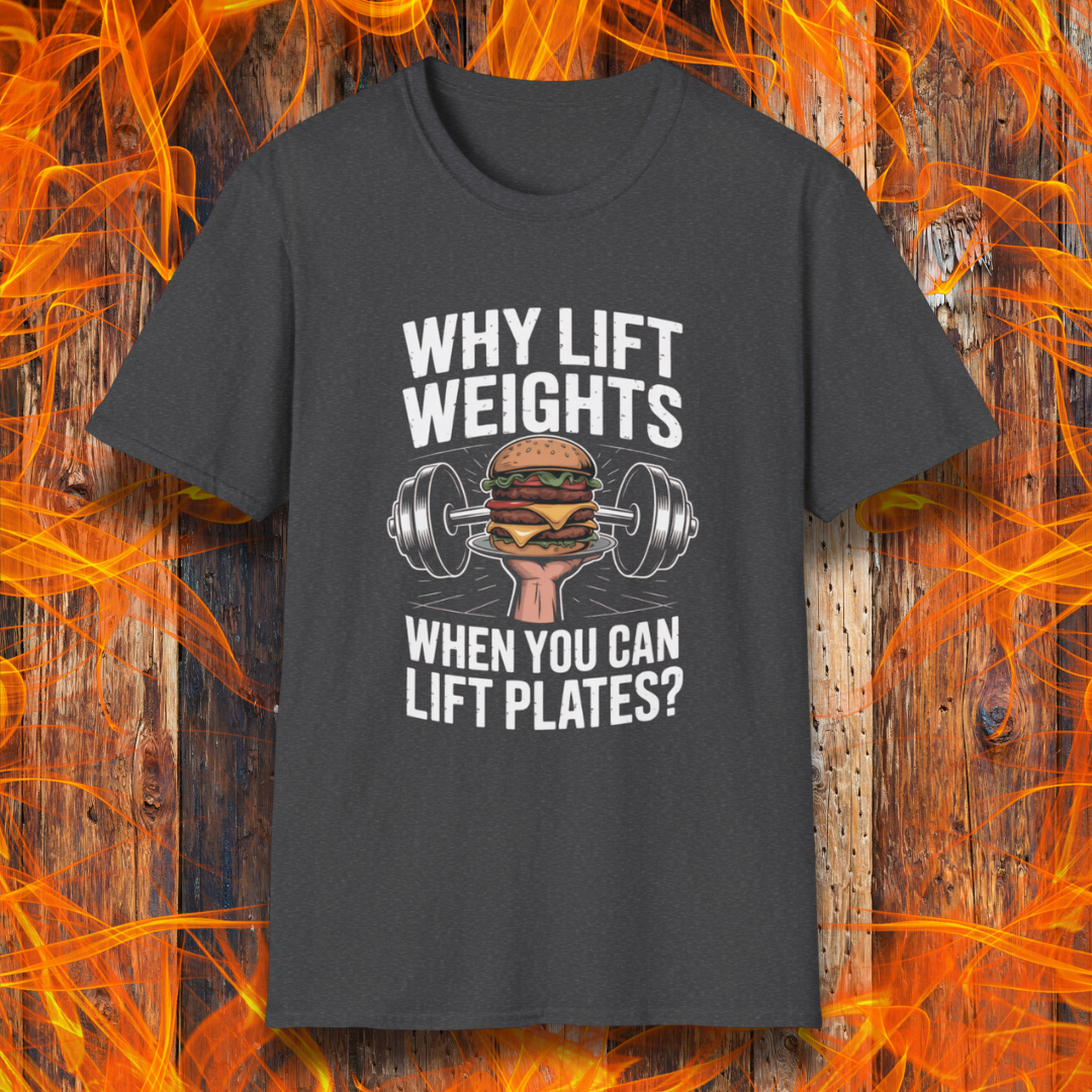 Black t-shirt with a humorous graphic and text on a fiery background