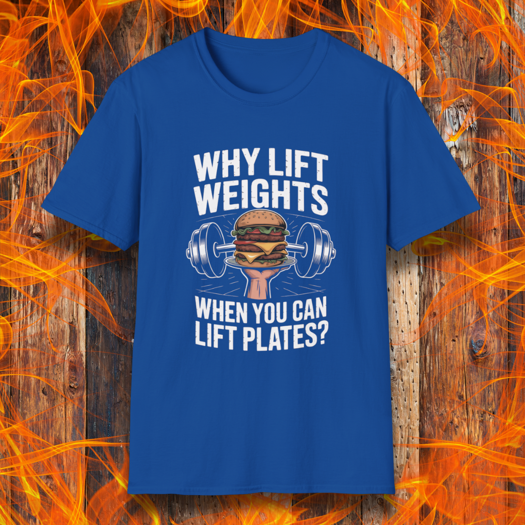 Blue t-shirt with humorous graphic and text on a fiery background