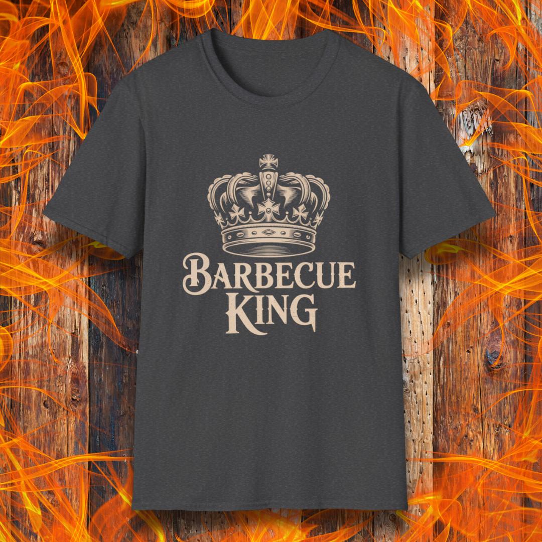 Black t-shirt with 'Barbecue King' design on a wooden background with flames.