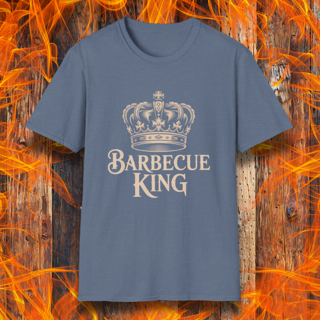 Blue t-shirt with 'Barbecue King' text and crown graphic on a fiery background