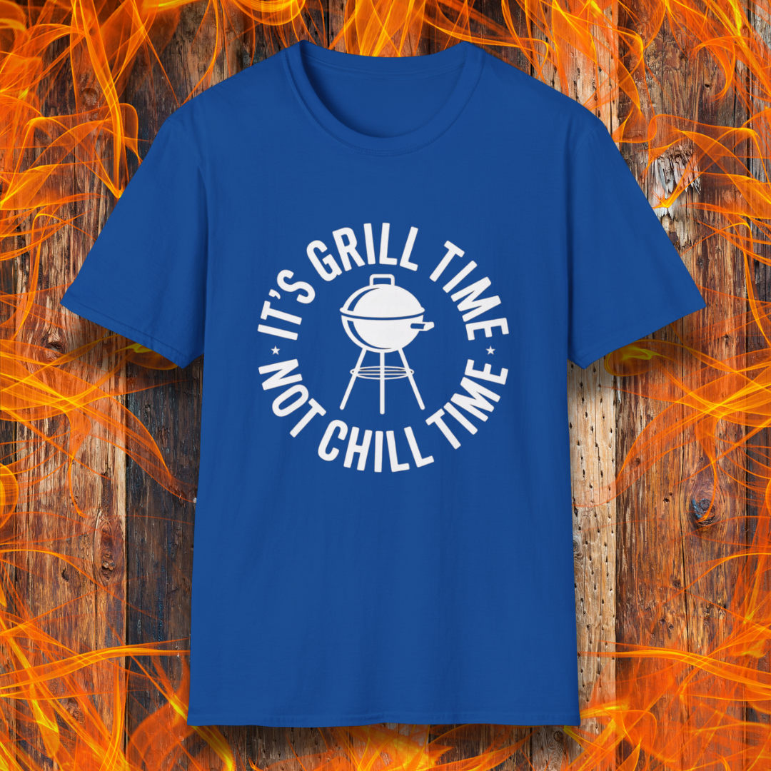 Blue t-shirt with 'It's Grill Time, Not Chill Time' text on a wooden background with flames.