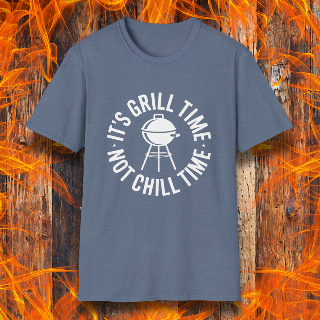 Blue t-shirt with 'It's Grill Time, Not Chill Time' text on a fiery background