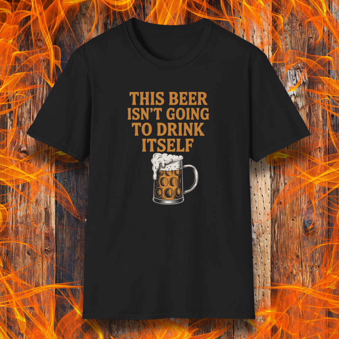 Black t-shirt with a graphic of a beer mug and text on a fiery background