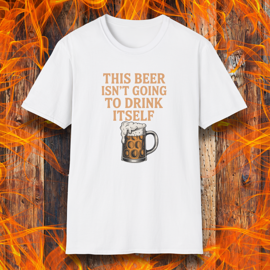 White t-shirt with a humorous beer graphic and text on a fiery background