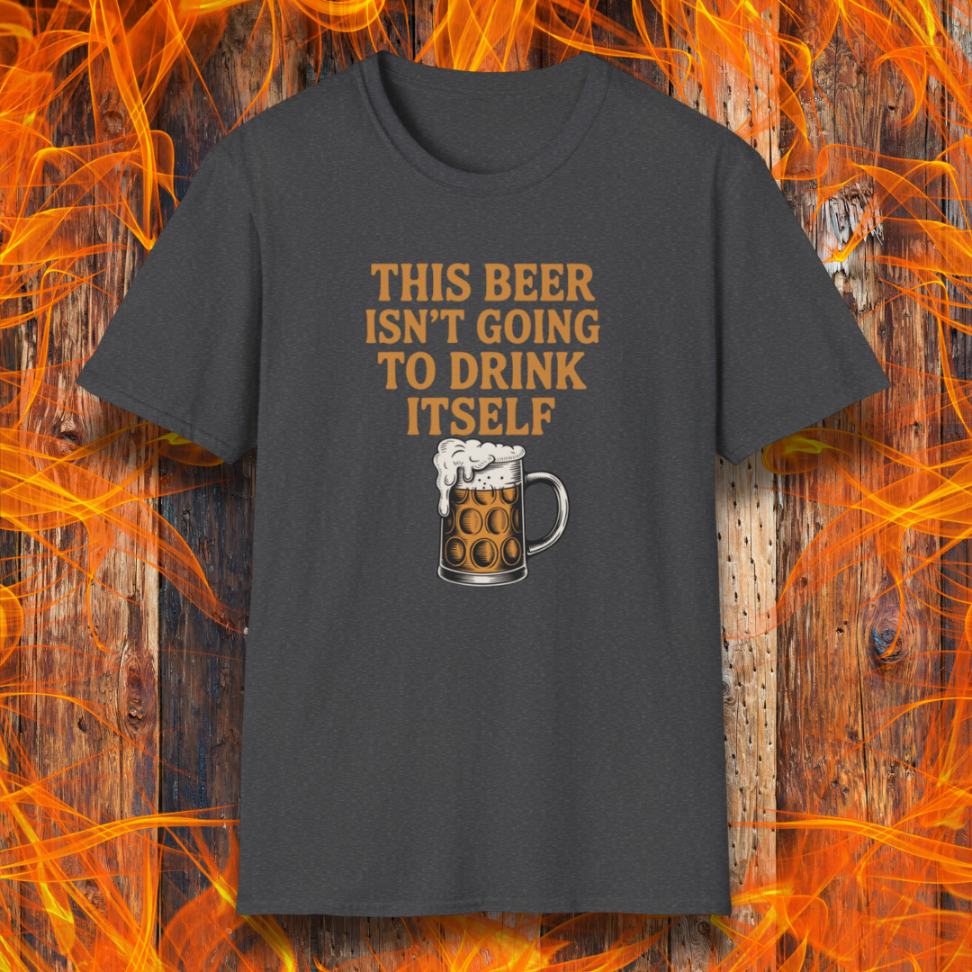 Grey t-shirt with a funny beer saying and beer mug on fiery background