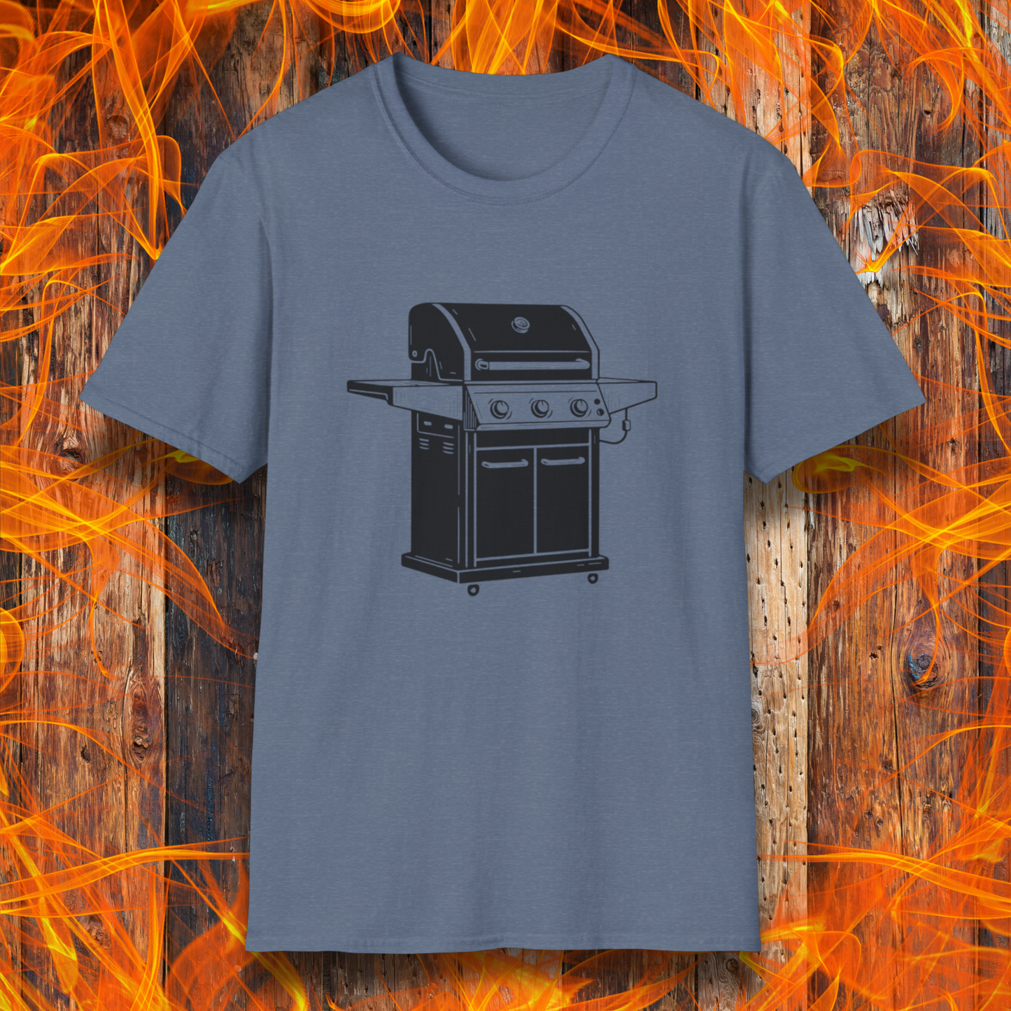Blue t-shirt with a grill graphic on a wooden background with flames