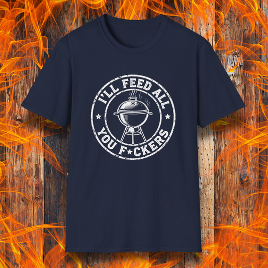 Navy blue t-shirt with white graphic and text on a fiery background