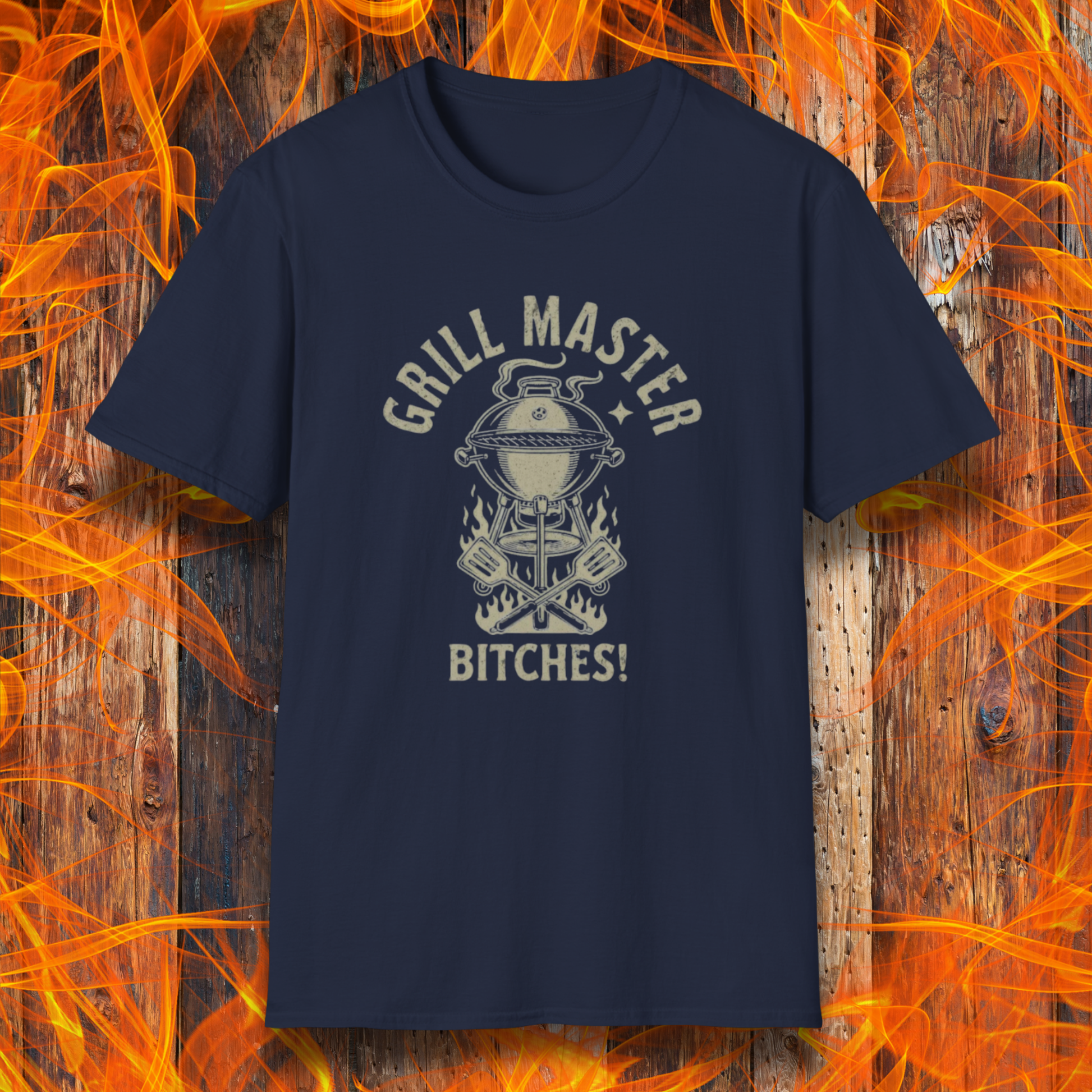 Navy blue t-shirt with 'Grill Master Bitches!' graphic on a fiery background