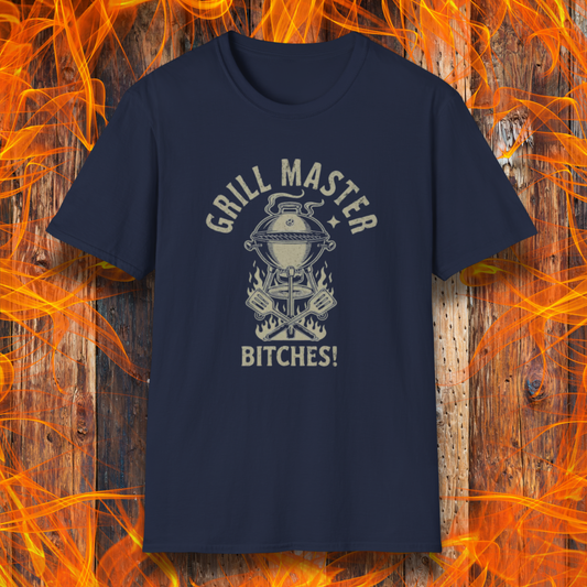 Navy blue t-shirt with 'Grill Master Bitches!' graphic on a fiery background