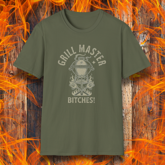 Green t-shirt with 'Grill Master Bitches!' design on a fiery background