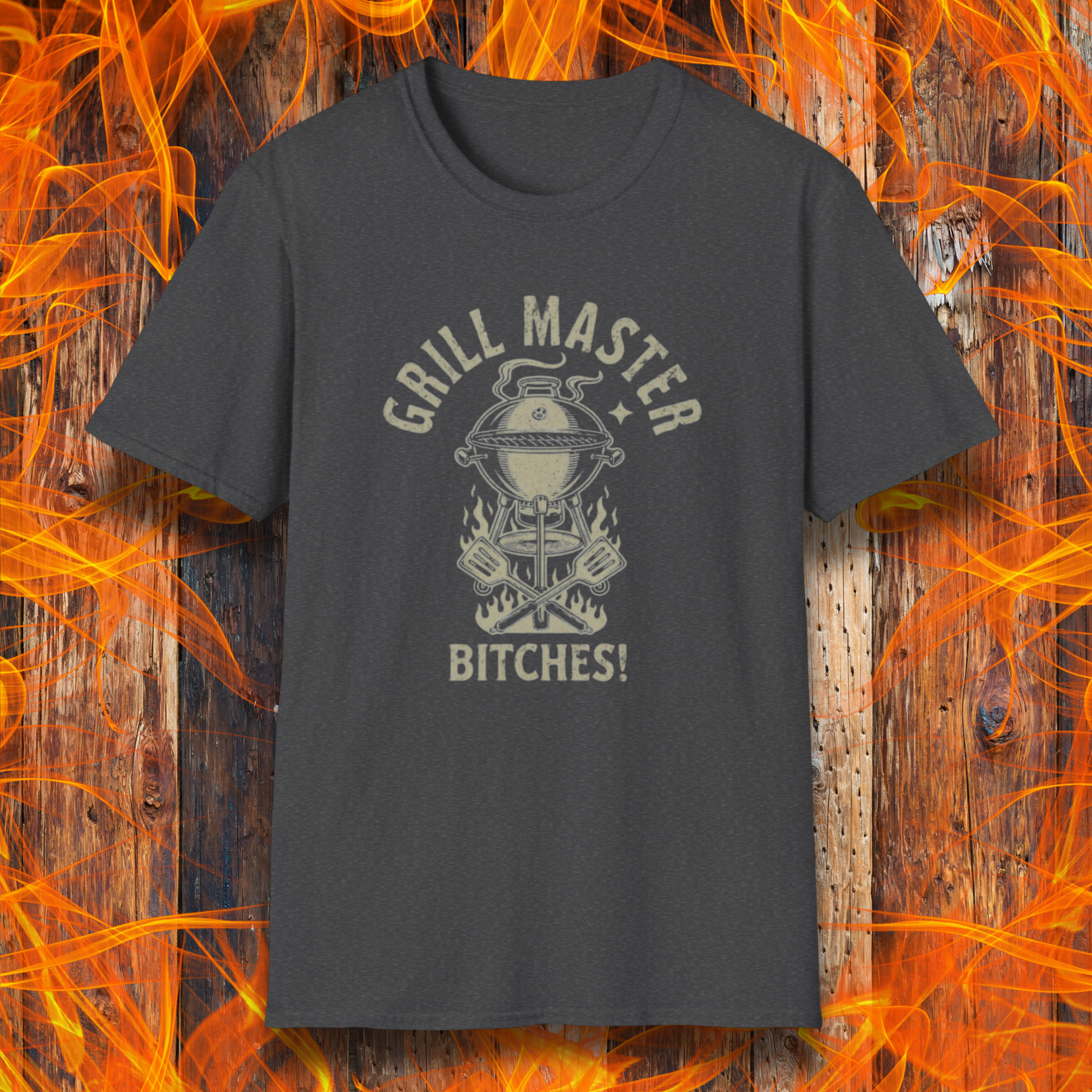 Black t-shirt with 'Grill Master Bitches!' design on a fiery background