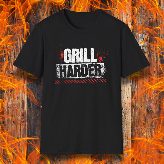 Black t-shirt with 'GRILL HARDER' text on a fiery background