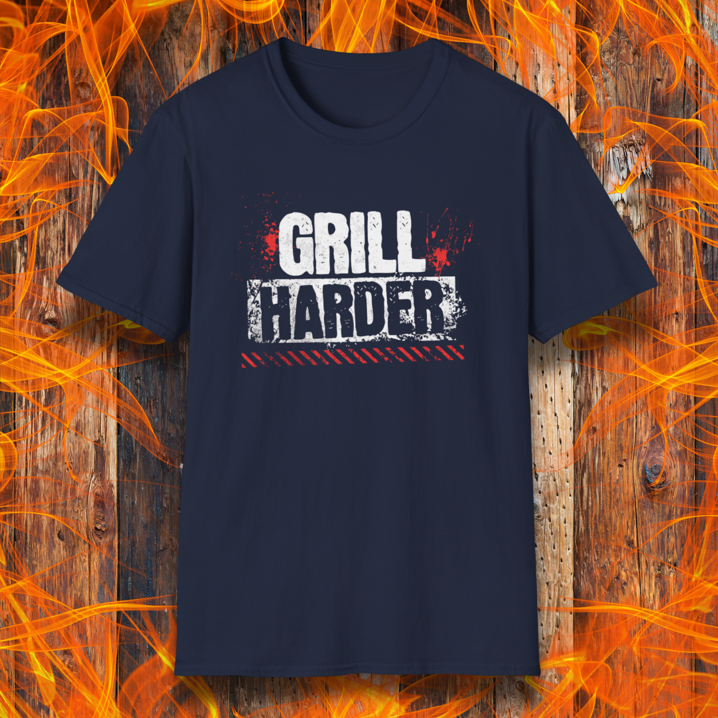 Navy blue t-shirt with 'GRILL HARDER' text on a fiery background