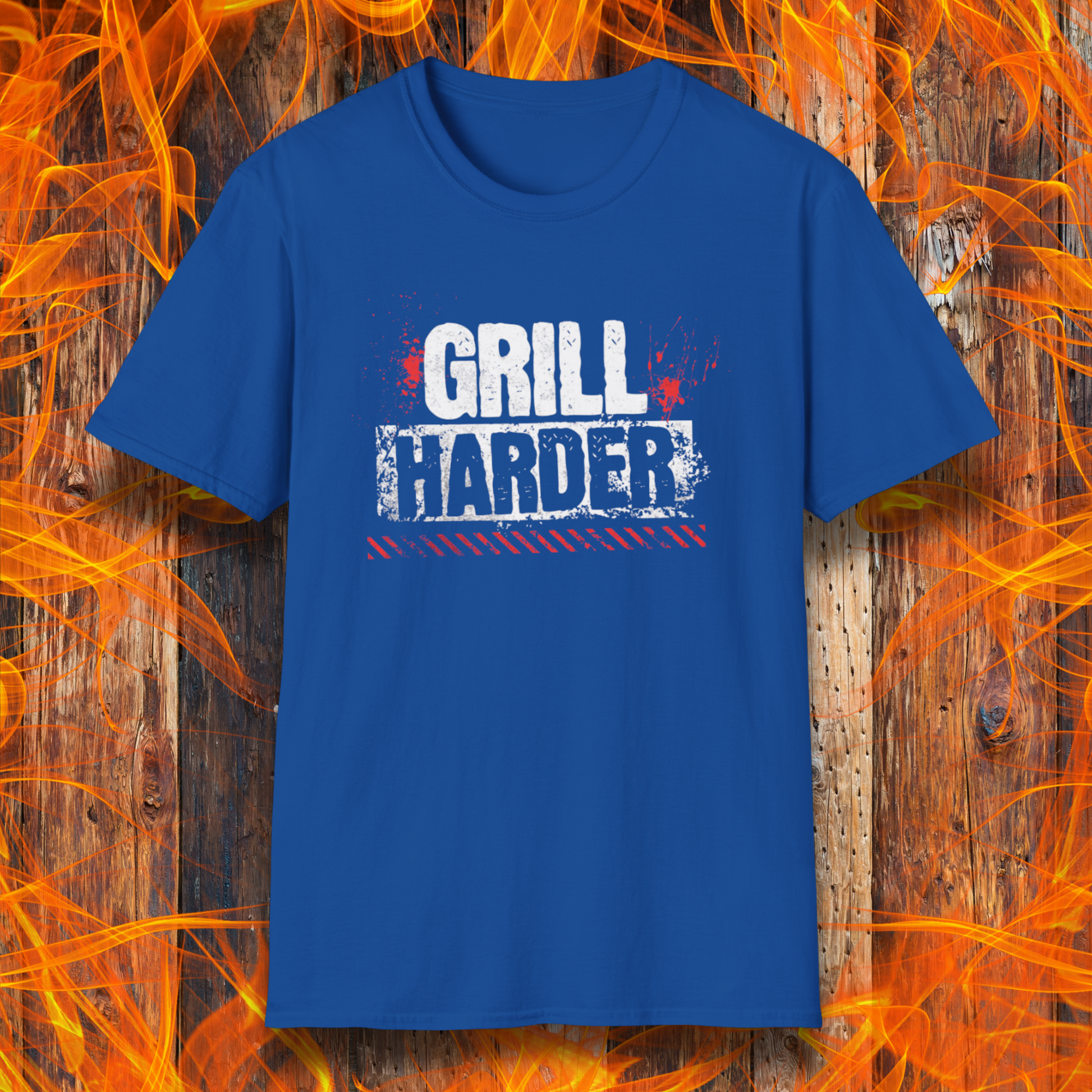 Blue t-shirt with 'GRILL HARDER' text on a fiery background