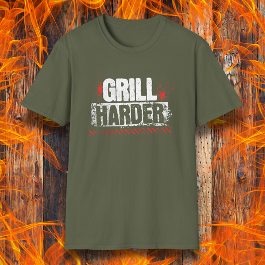 Green t-shirt with 'GRILL HARDER' text on a fiery background