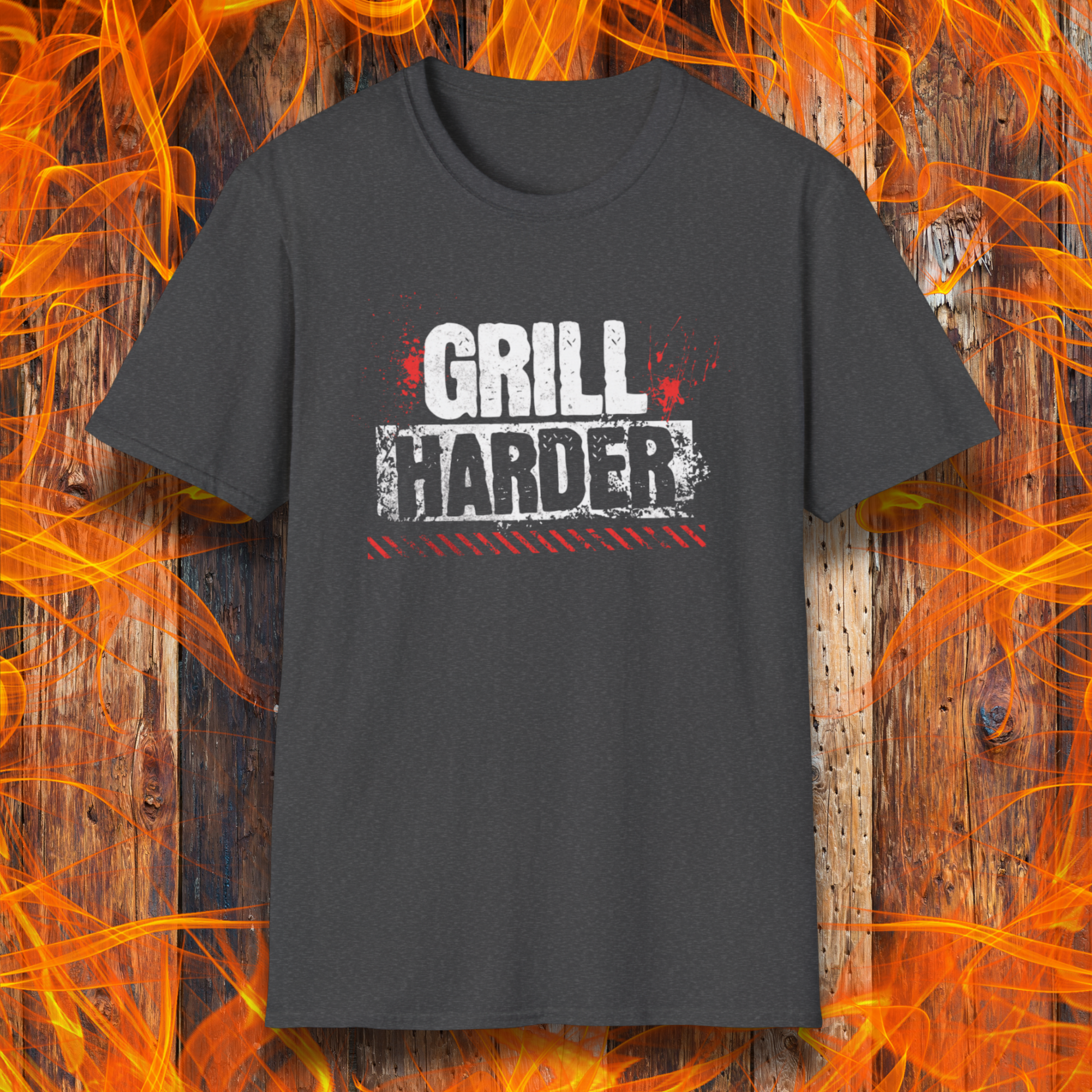 Black t-shirt with 'GRILL HARDER' text on a fiery background