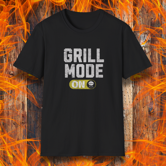 Black t-shirt with 'GRILL MODE ON' text on a fiery background