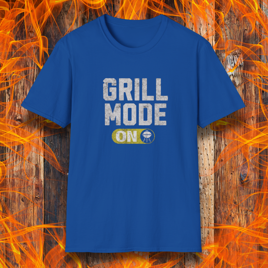 Blue t-shirt with 'GRILL MODE ON' text on a fiery background