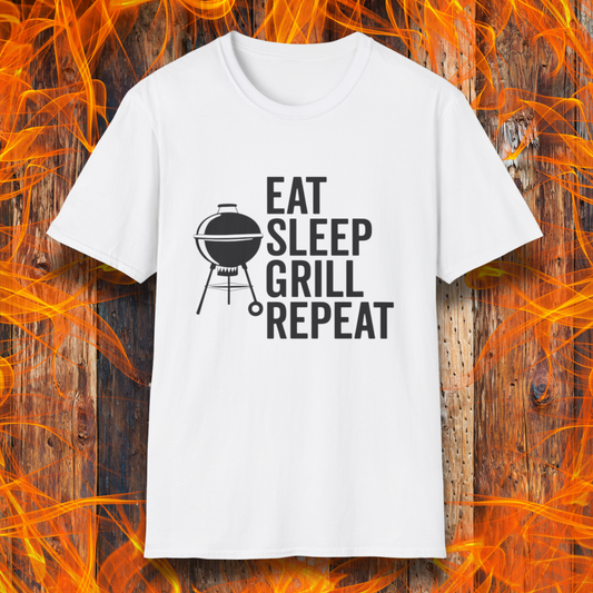 White t-shirt with 'Eat Sleep Grill Repeat' text and grill icon on a fiery background