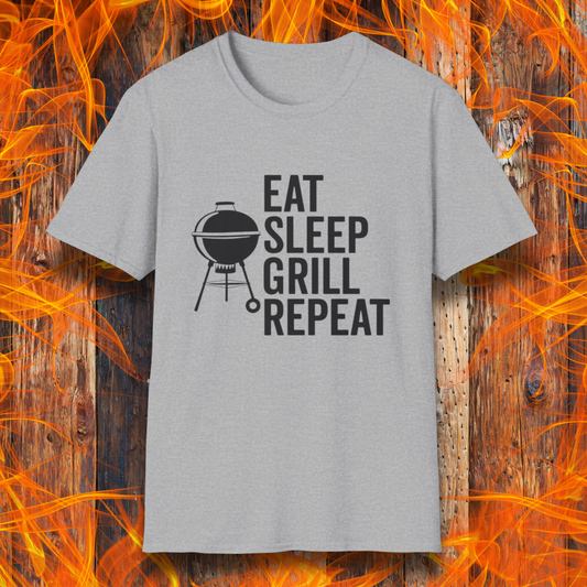 Gray t-shirt with 'Eat Sleep Grill Repeat' text and grill icon on a fiery background