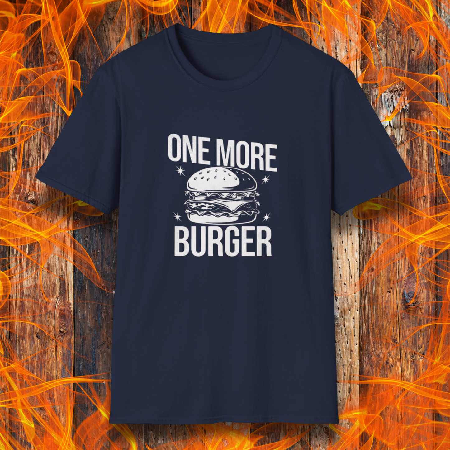 Navy blue t-shirt with 'One More Burger' text and graphic on a fiery background