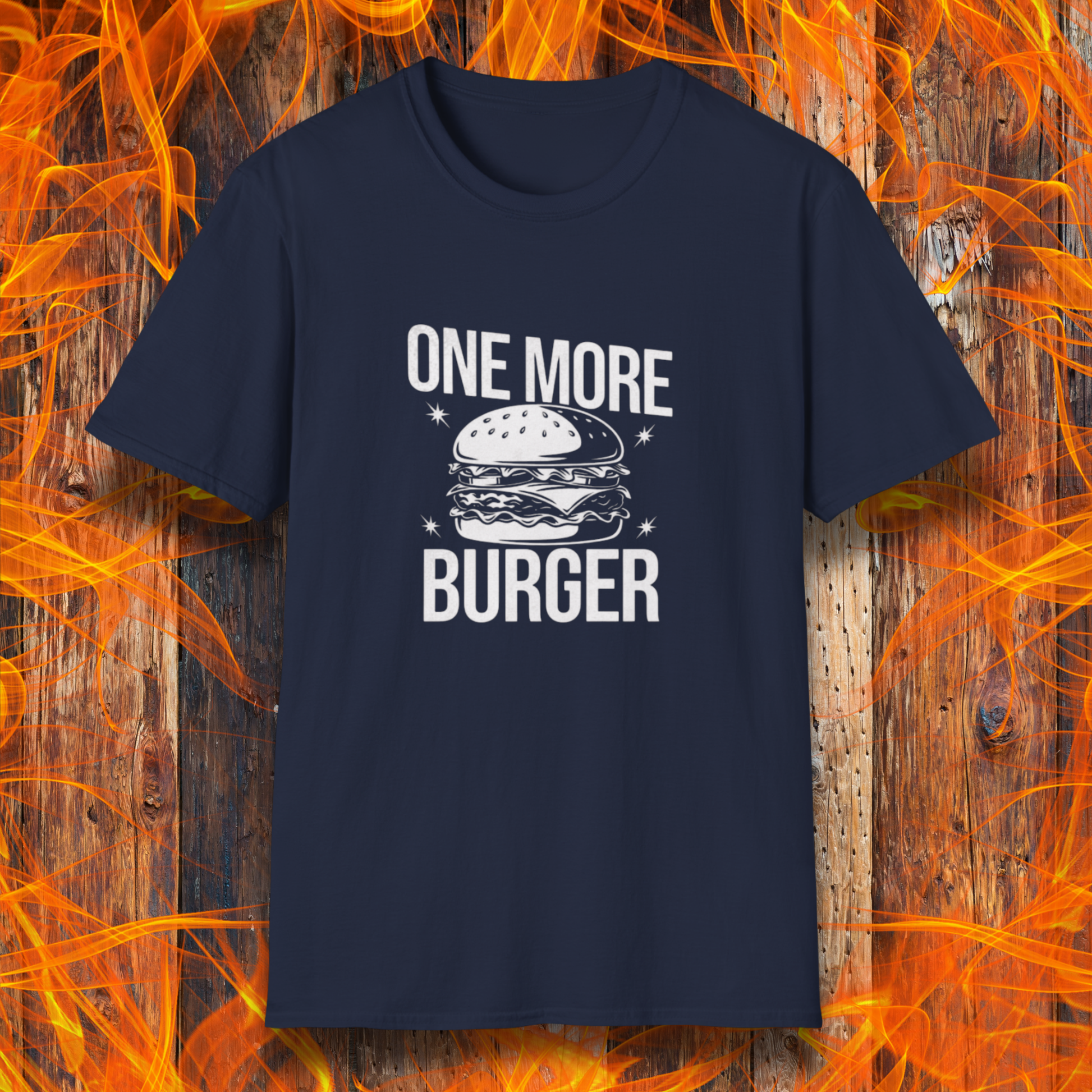 Navy blue t-shirt with 'One More Burger' text and graphic on a fiery background