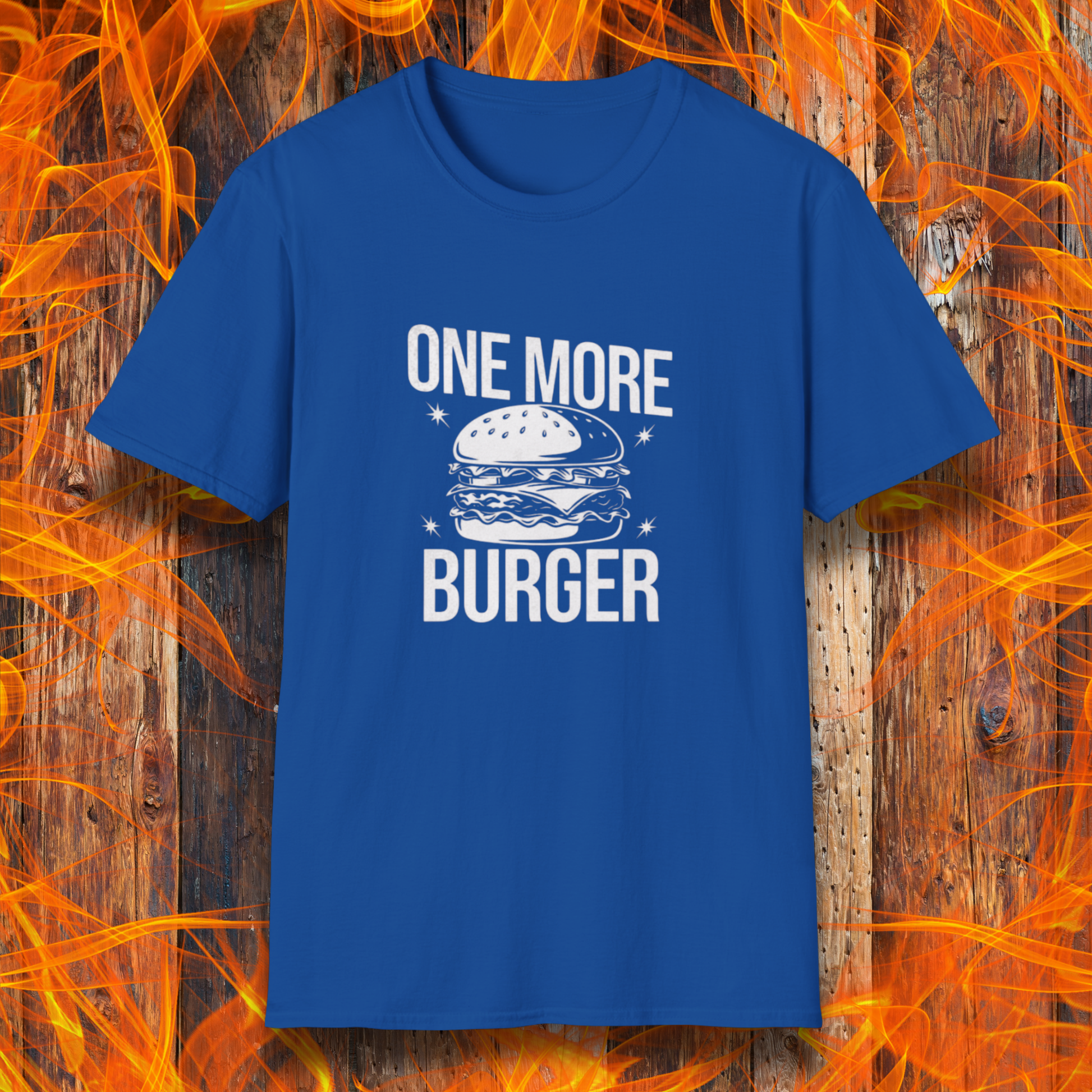 Blue t-shirt with 'One More Burger' graphic on a fiery background