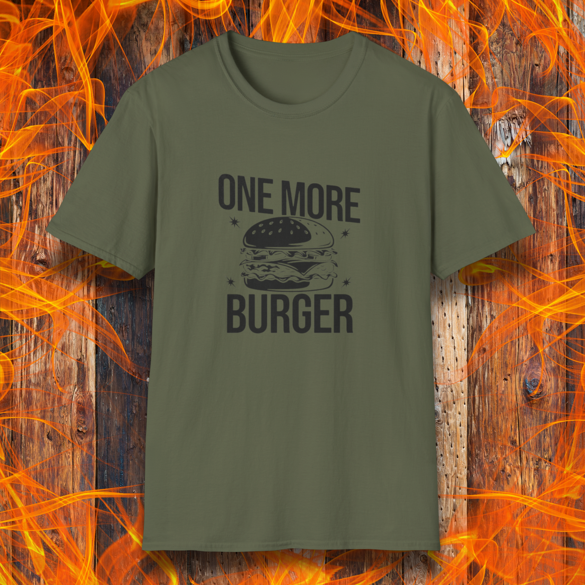 Green t-shirt with 'One More Burger' text and graphic on a fiery background
