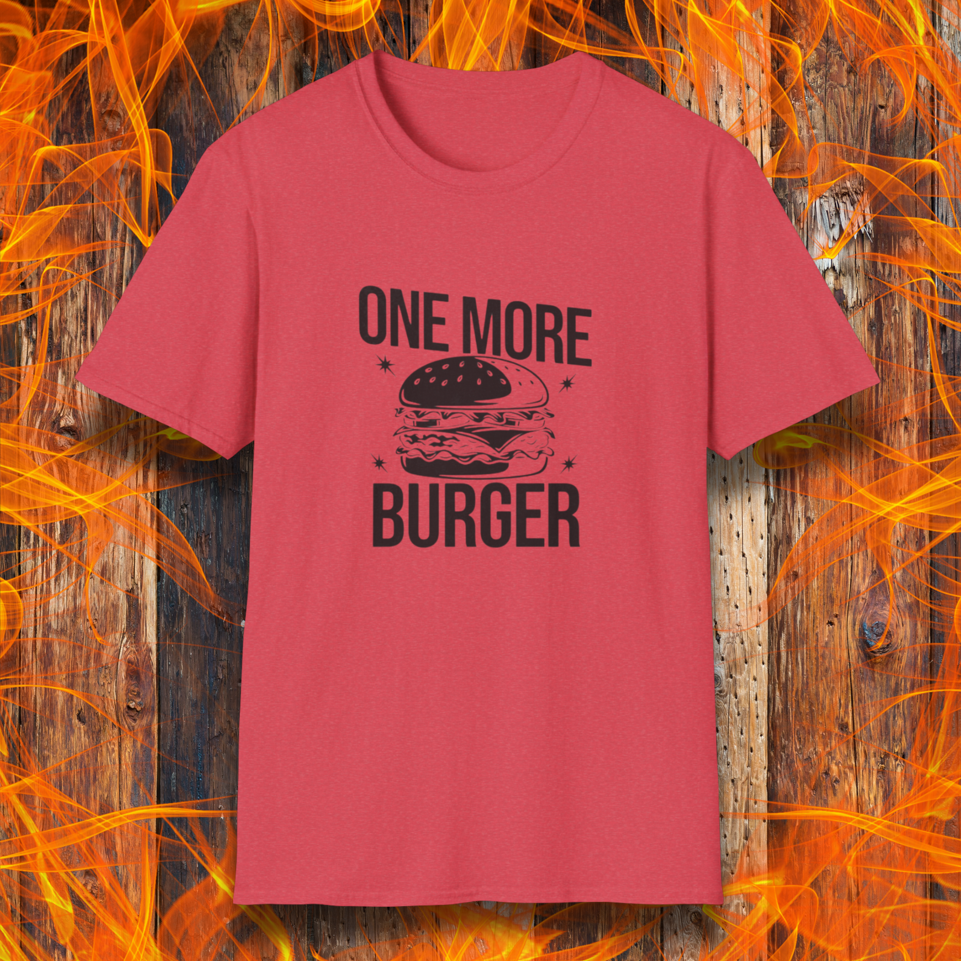 Red t-shirt with 'One More Burger' text and graphic on a wooden background with flames.