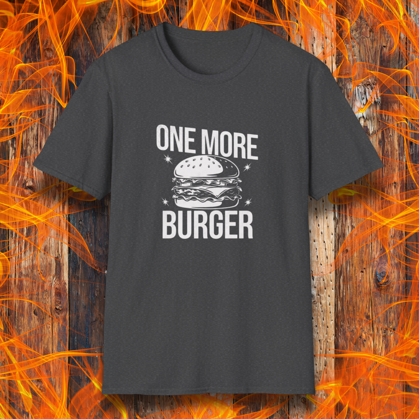 Dark Grey t-shirt with 'One More Burger' text and graphic on a fiery background