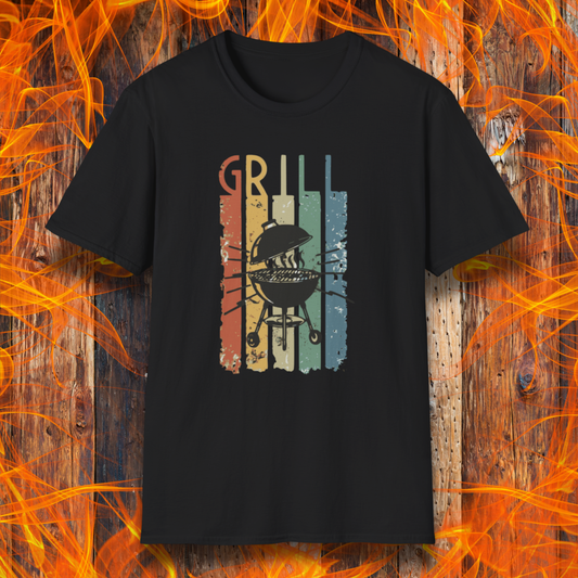 Black t-shirt with grill graphic on a wooden background with flames