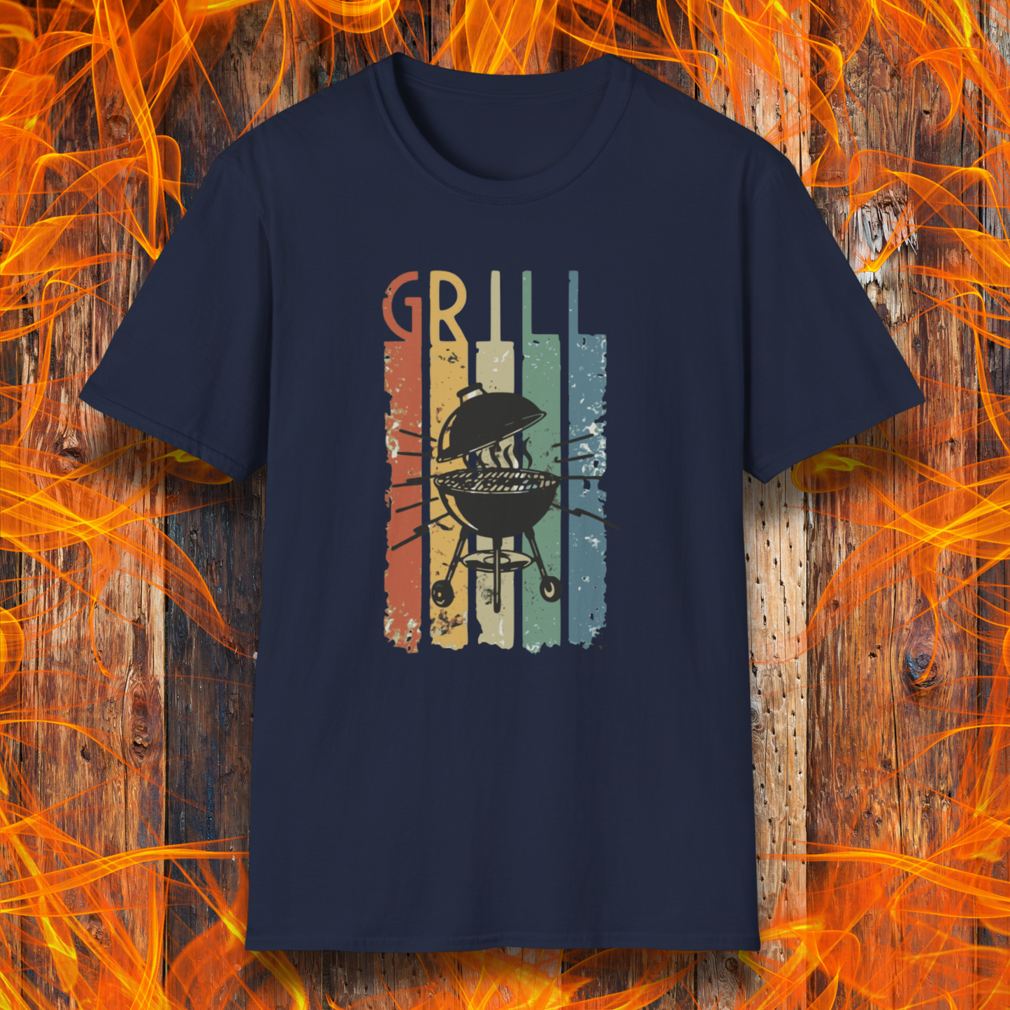 Navy blue t-shirt with grill graphic on a wooden background with flames