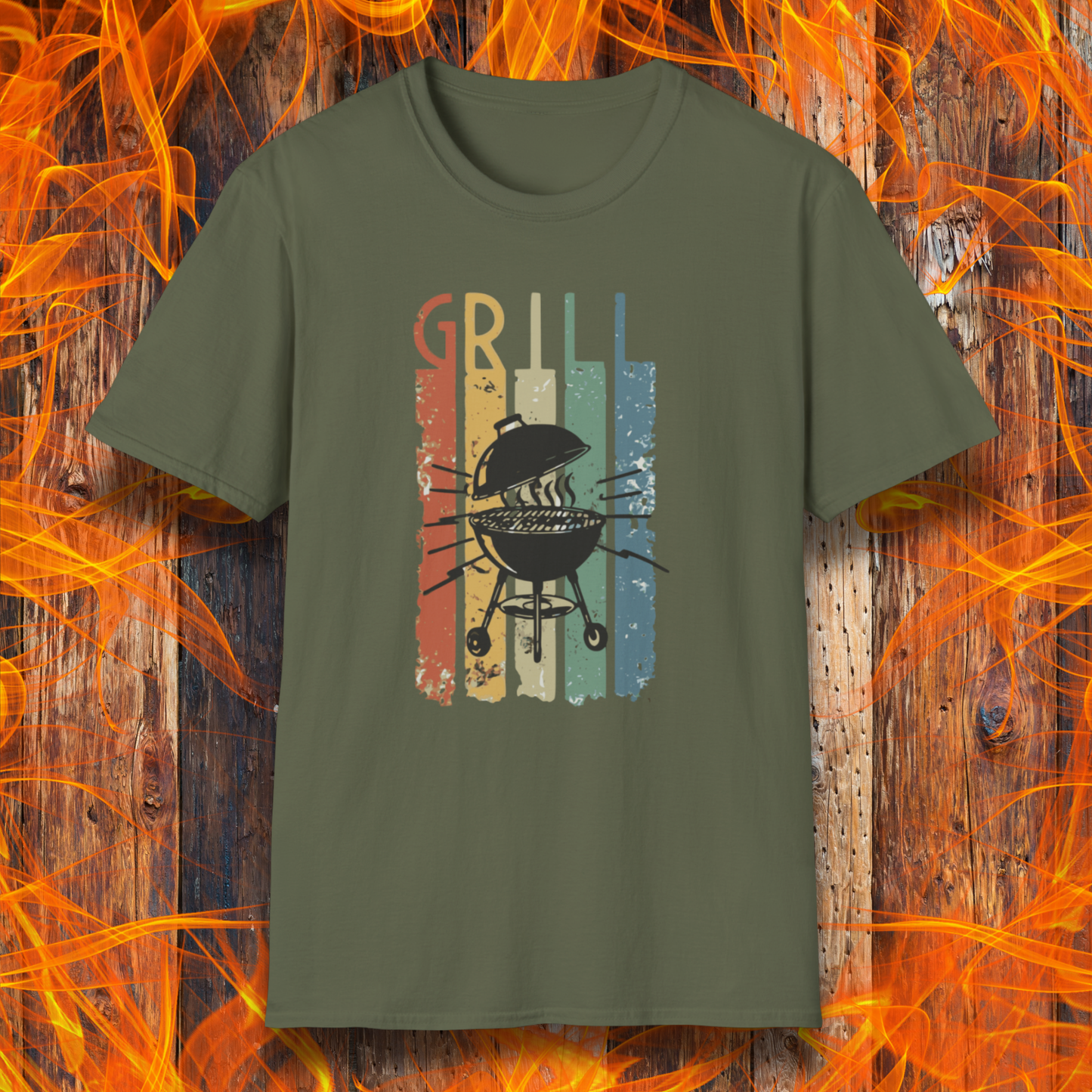 Green t-shirt with grill graphic and 'GRILL' text on a fiery background