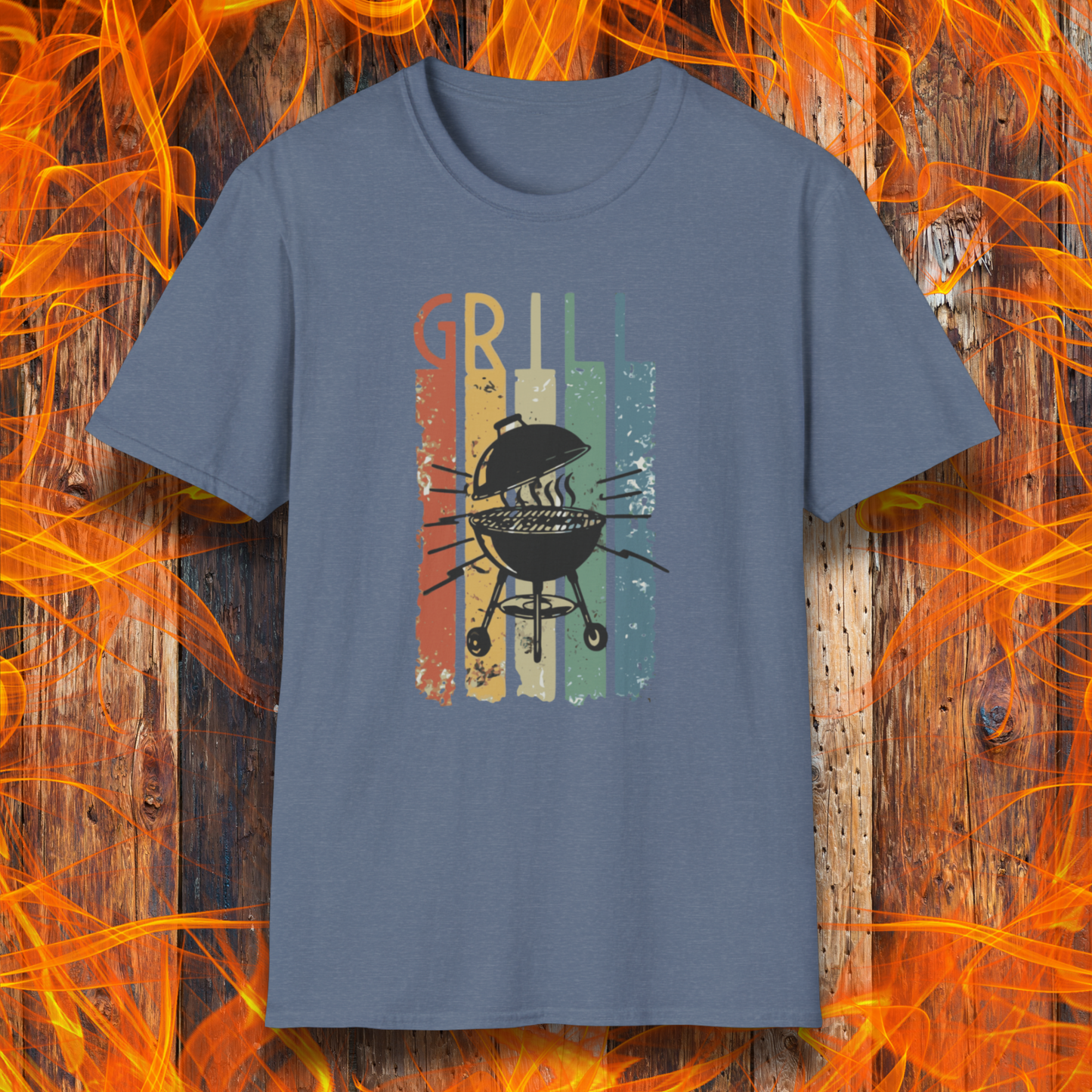 Blue t-shirt with grill graphic on a wooden background with flames