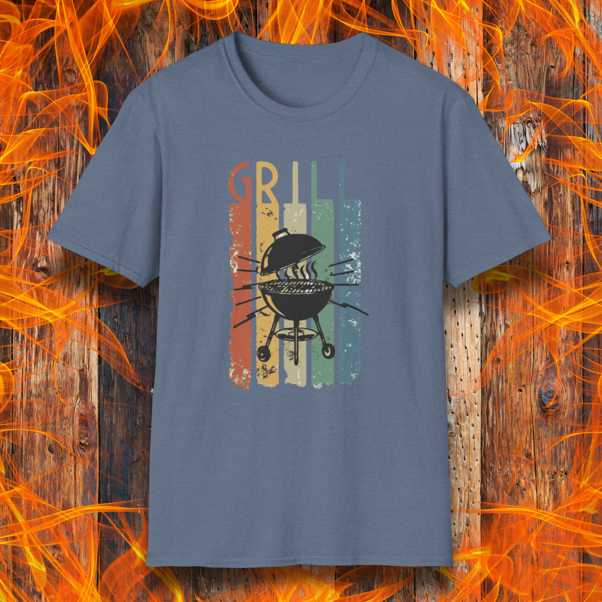 Blue t-shirt with grill graphic on a wooden background with flames