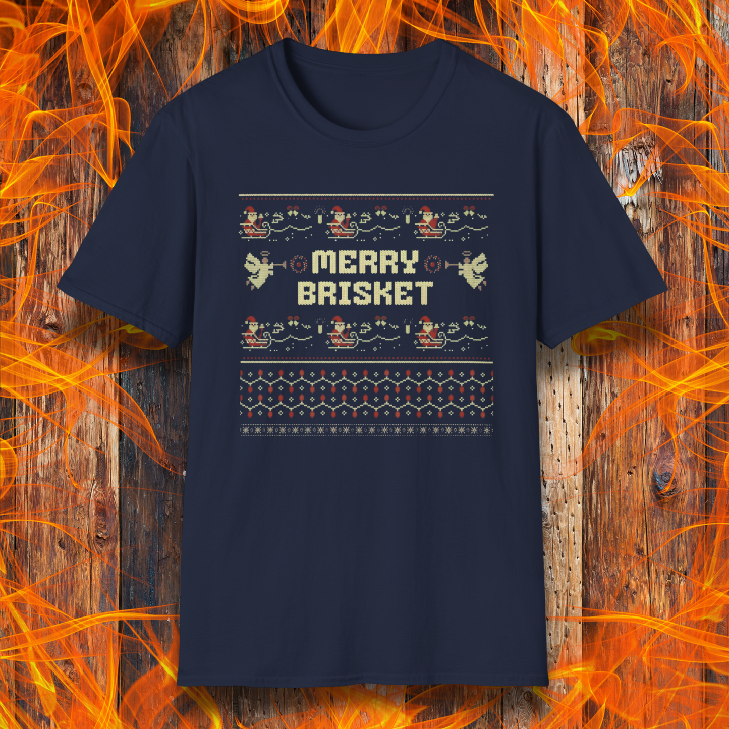 Navy blue t-shirt with 'Merry Brisket' design on a wooden background with flames.