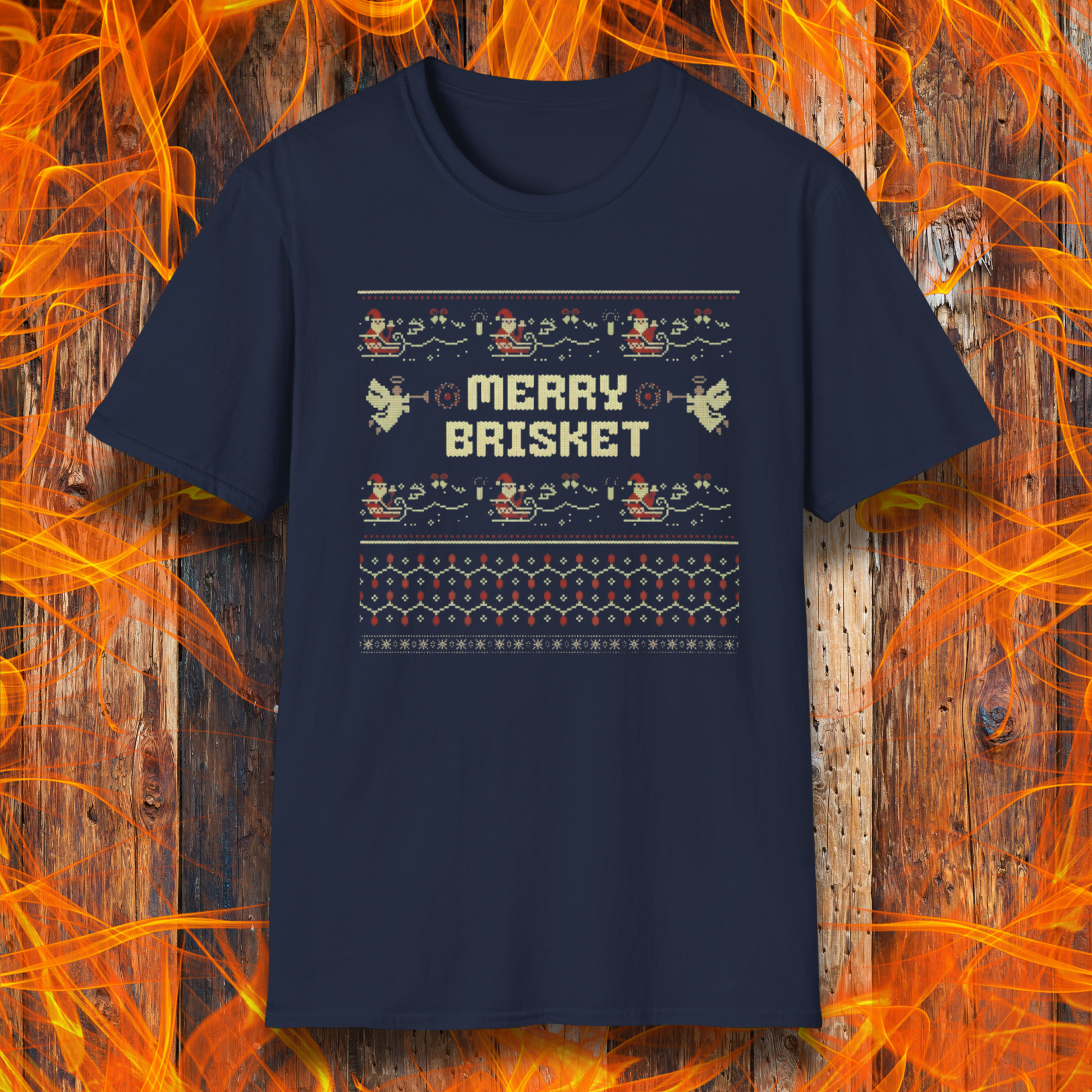 Navy blue t-shirt with 'Merry Brisket' design on a wooden background with flames.