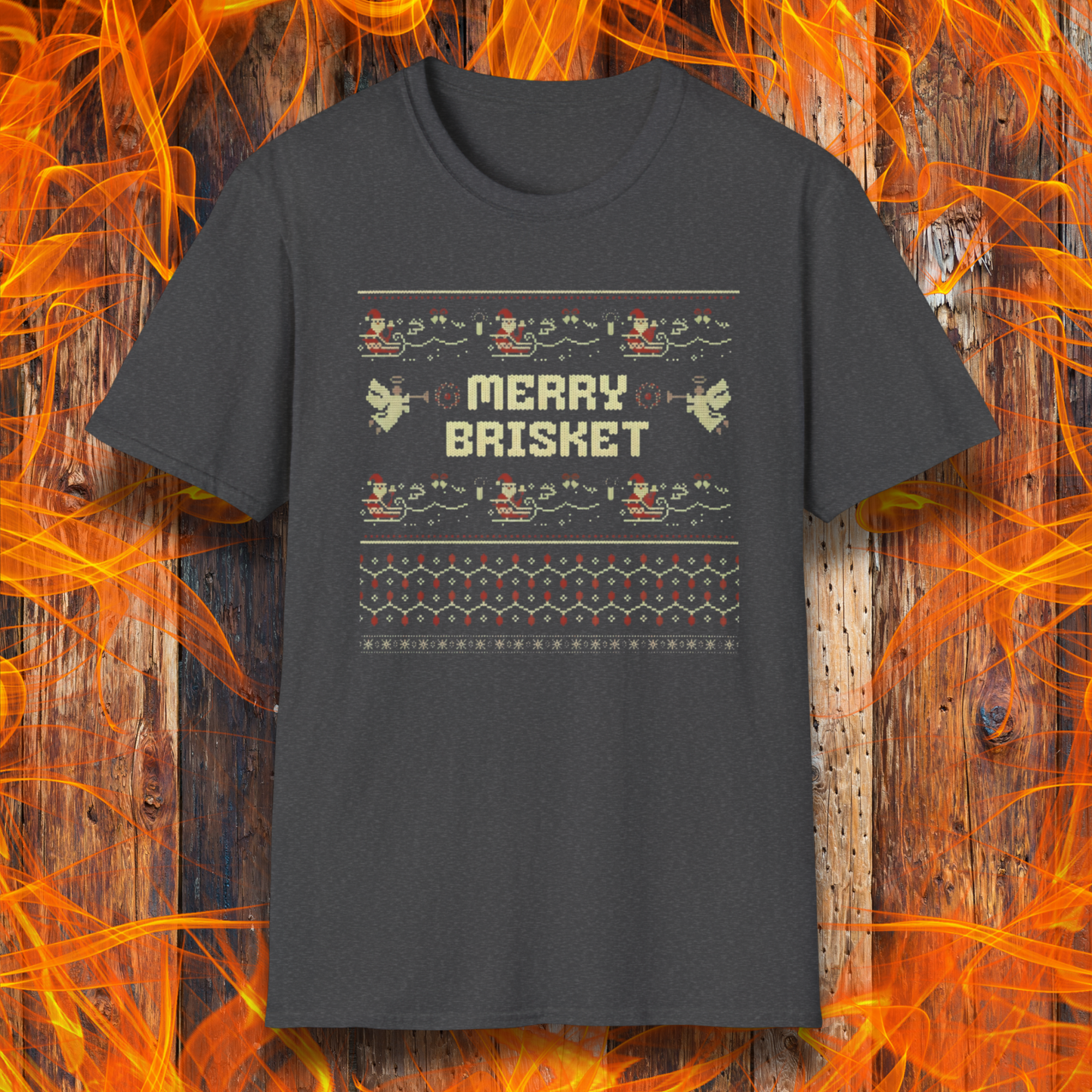 Dark Grey t-shirt with 'Merry Brisket' text on a wooden background with flames.