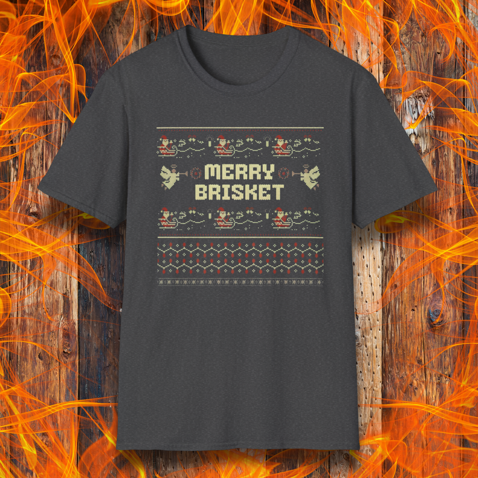Dark Grey t-shirt with 'Merry Brisket' text on a wooden background with flames.