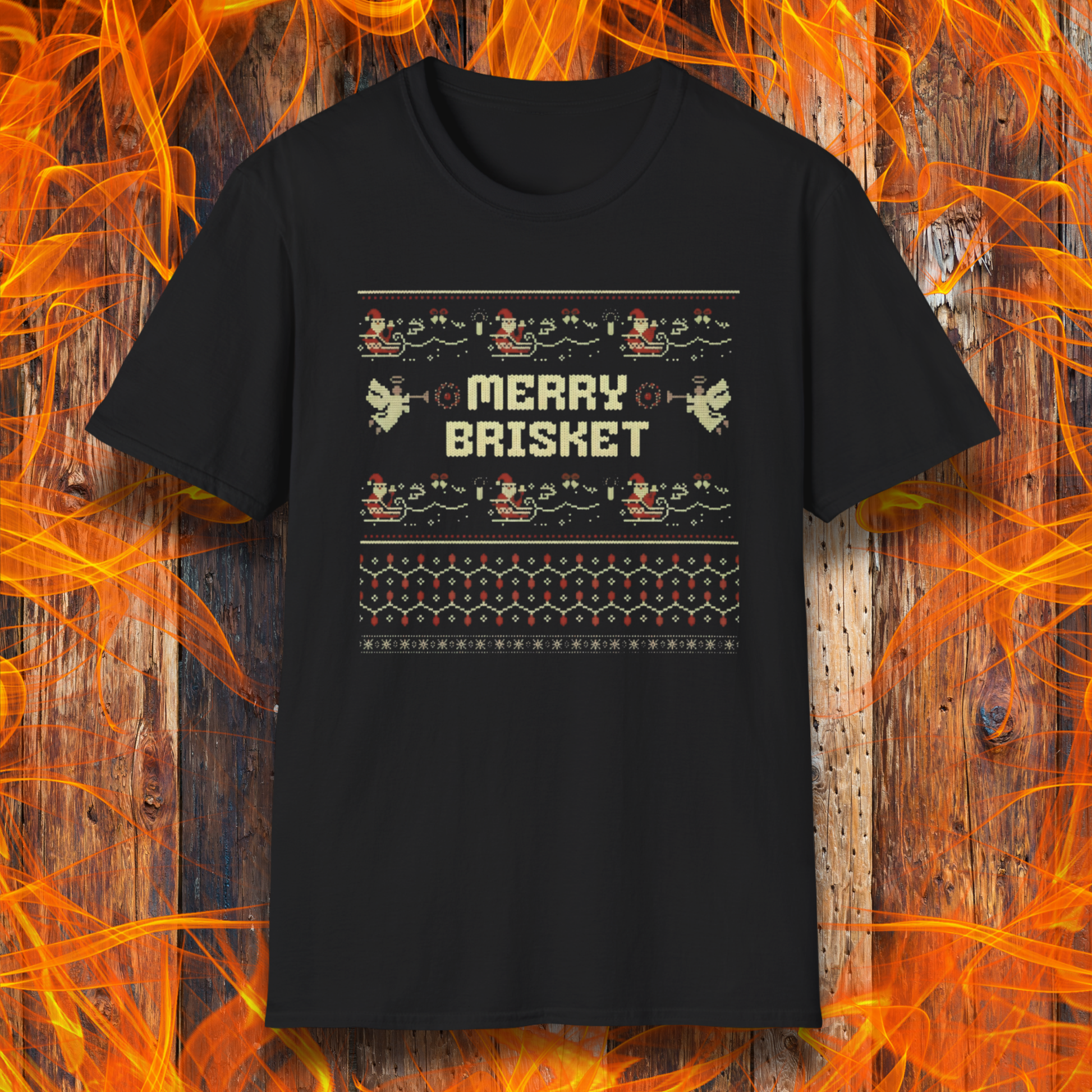 Black t-shirt with 'Merry Brisket' design on a wooden background with flames.