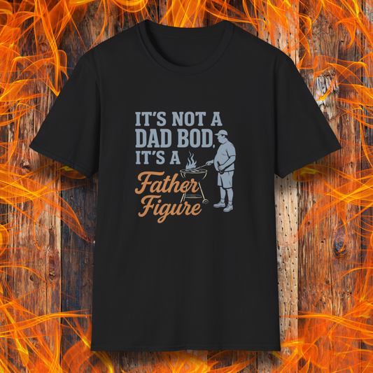 Black t-shirt with graphic and text on a wooden background with flames