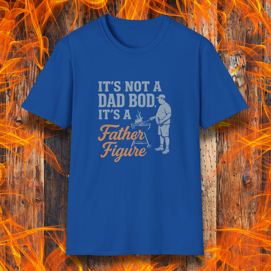 Blue t-shirt with text and graphic on a wooden background with flames