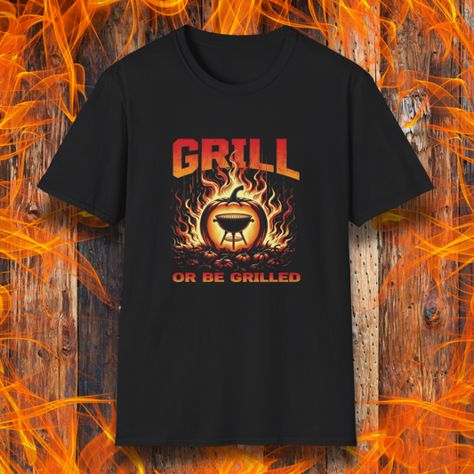 Black t-shirt with 'Grill or Be Grilled' graphic design on a fiery background