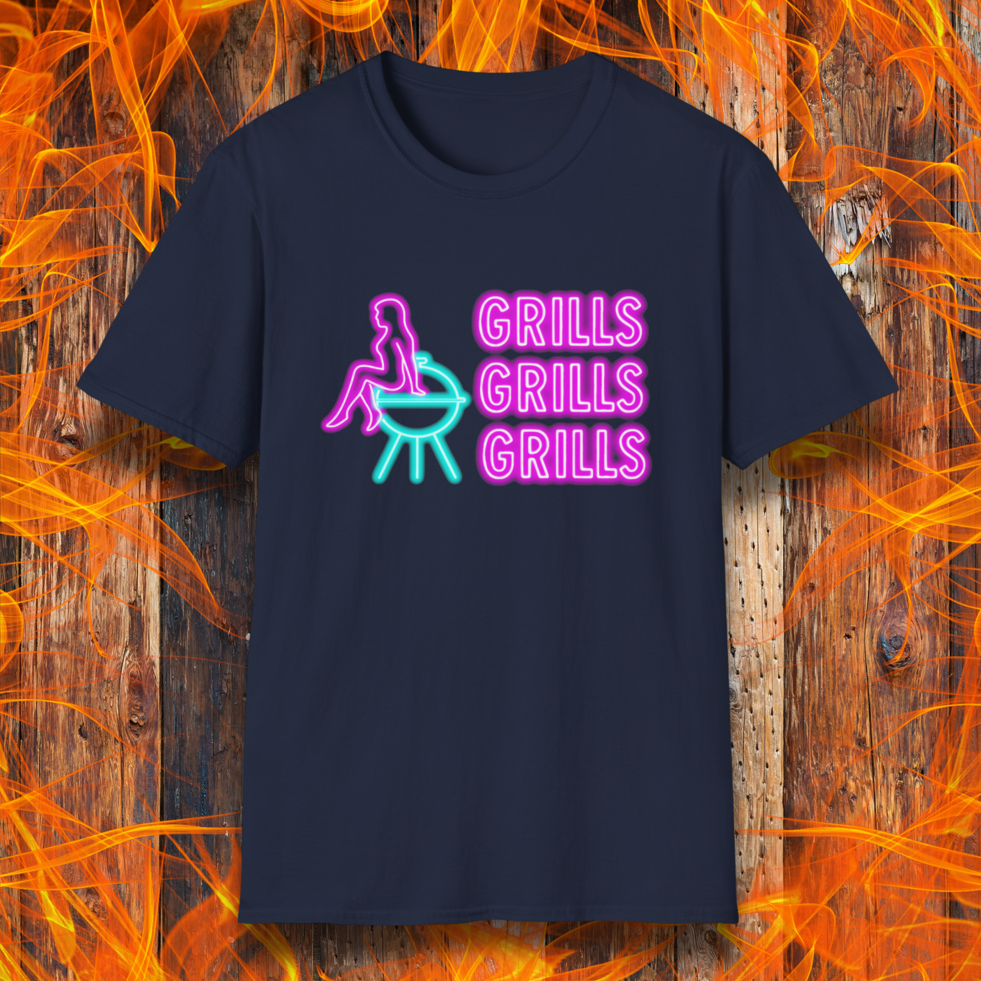 Navy blue t-shirt with neon pink and green design on a fiery background