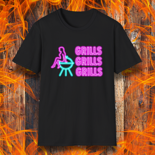 Black t-shirt with colorful graphic and 'GRILLS GRILLS GRILLS' text on a fiery background