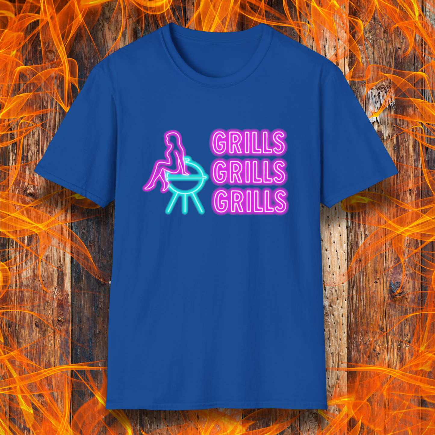 Blue t-shirt with neon graphic and text 'GRILLS GRILLS GRILLS' on a fiery background